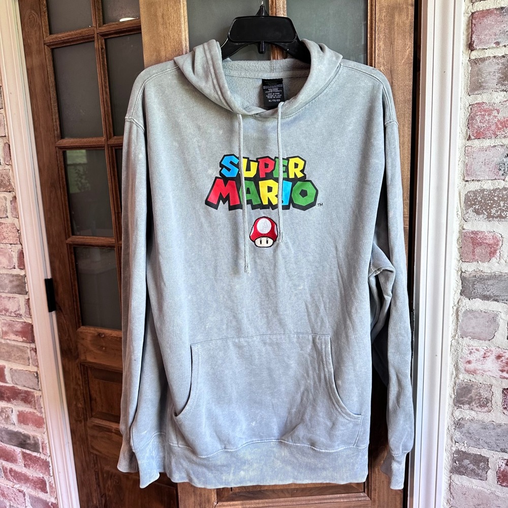 Nintendo Super Mario Hoodie Men Gray Graphic Back Print Mushroom Retro‎ Gamer XL